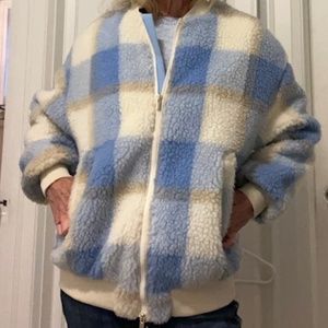 Plaid Bomber Jacket in blue and white plaid.